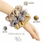 Suncdelv Silk,100% Silk Scrunchies for Hair,22 Momme Hair Ties for Anti-Crease & Breakage,Natural Women Hair Accessories，Fashion Hairbands 3PCS（Grey, gold, khaki））)