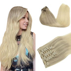 DOORES Clip in Hair Extensions, 155g 10pcs Balayage Ash Blonde to Golden Blonde and Platinum Blonde 16 Inch Real Human Hair Extensions Clip in Skin Weft Hair Extensions