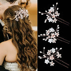 Elegant Pearl Wedding Hair Pins, Bendable Floral Crystal Hair Accessories for Bridal Women, Pack of 3 (Rose Gold)