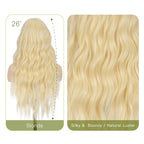 Long Blonde Wavy Wig with Curtain Bangs for Women 26 Inch Synthetic Wig Natural Looking Heat Resistant Fiber Wigs for Daily Party Halloween Cosplay Use
