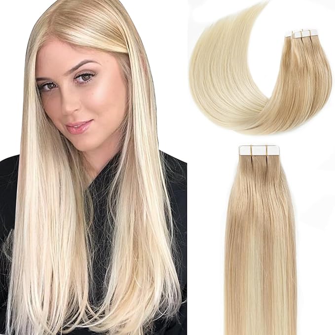 Lacer Glue in Hair Extensions 20 Pieces 50 Grams Human Hair Tape in Extensions Balayage Light Ash Blonde to Platinum Blonde B#13/60 18 Inch
