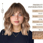 MISSQUEEN Ombre Blonde Wig with Bangs Short Wavy Brown Omber Blonde Wigs for Women Natural Looking Synthetic Heat Resistant Fiber Wig for Daily Party Cosplay Use