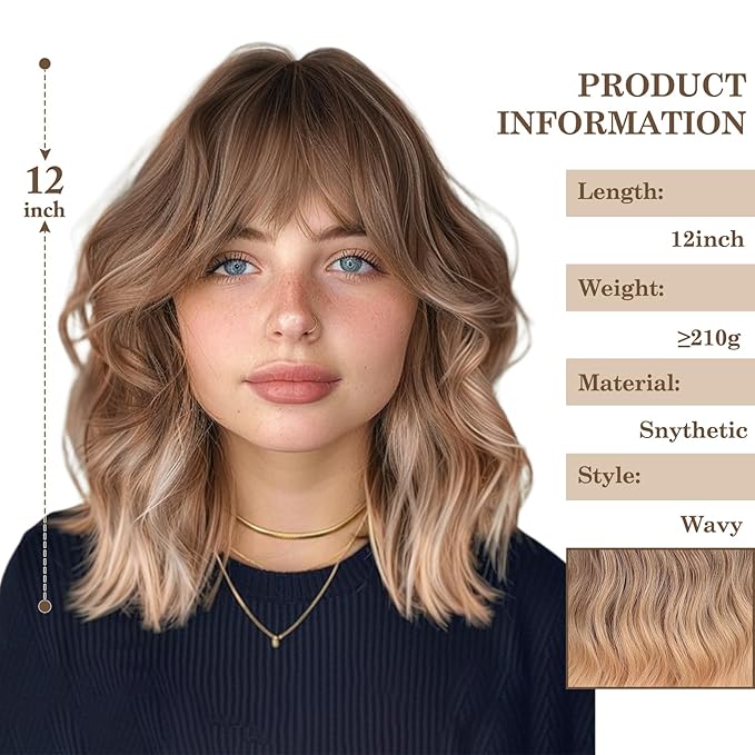 MISSQUEEN Ombre Blonde Wig with Bangs Short Wavy Brown Omber Blonde Wigs for Women Natural Looking Synthetic Heat Resistant Fiber Wig for Daily Party Cosplay Use