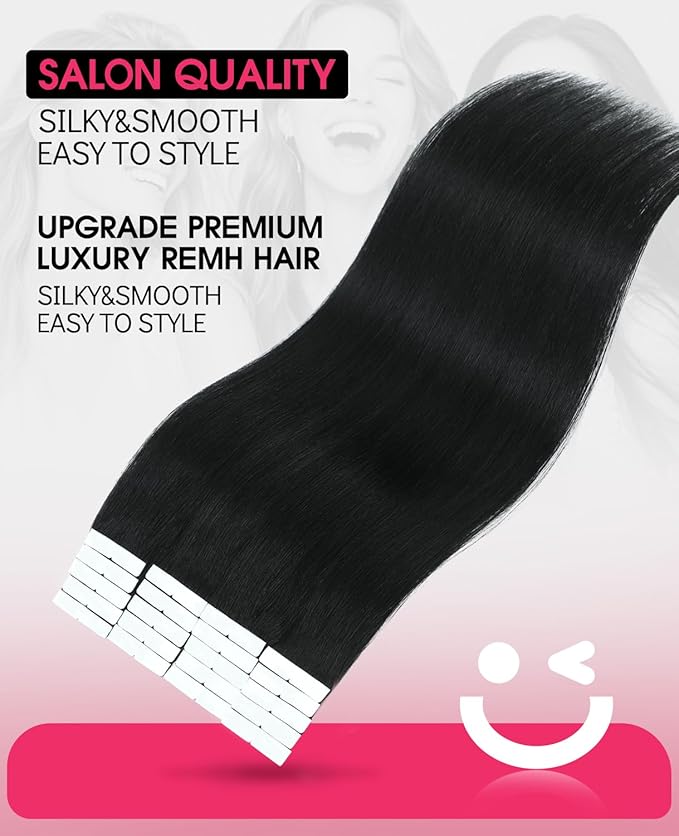 Youngsmile Injection Tape in Hair Extensions Real Human Hair, #1 Jet Black 18 Inch Invisible Edge Tape in Injected Hair Extensions, 20pcs 40g, Straight Remy Virgin Human Hair Tape ins (#1,18'')