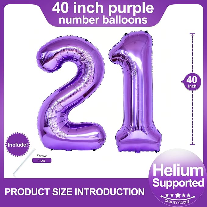 Number 21 Purple Balloons 40 Inch Giant Purple 12 Number Foil Helium Balloons - Image 2
