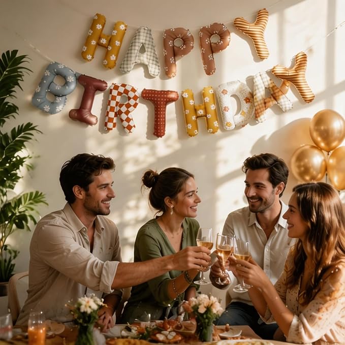 Boho Retro Happy Birthday Foil Letter Balloon Banner, 16 Inch, Birthday Party - Image 4