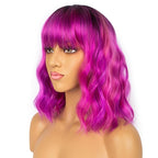Colourful Short Bob Wigs with Bangs for Women Loose Wavy Wig Curly Wavy Shoulder Length Bob Synthetic Cosplay Wig for Girl Colorful Costume Wigs, Black-Rose mixed Purple