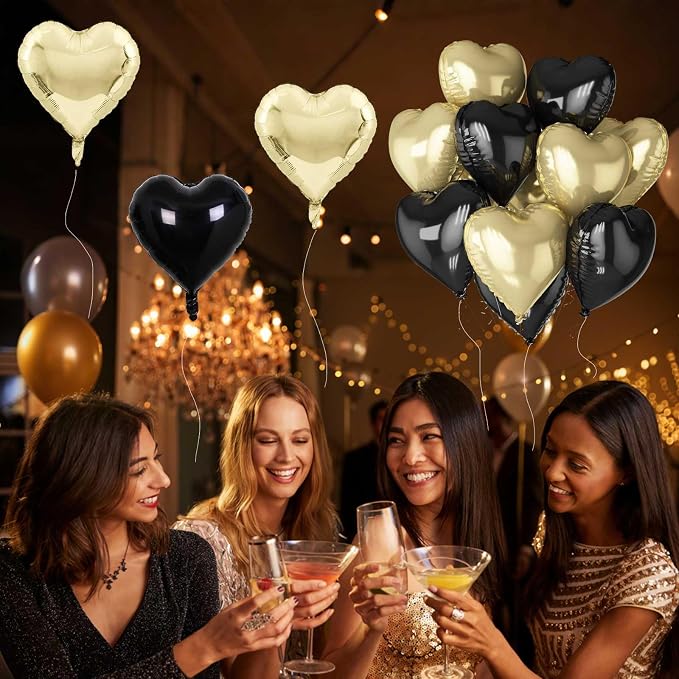 Black Gold Foil Heart Balloons, 18 Inch 10 Pcs Light Gold and Black Heart Shape - Image 7