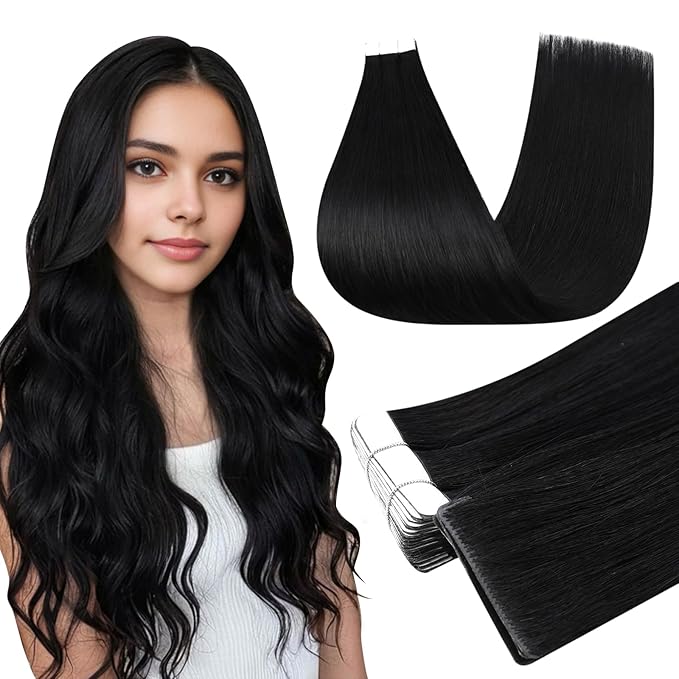 Full Shine Invisible Injection Tape in Hair Extensions Human Hair Color 1 Black Seamless Injected Machine Remy Double Sided Tape in Extensions 16 Inch for Women 20 Pcs 40 Grams Silky Straight