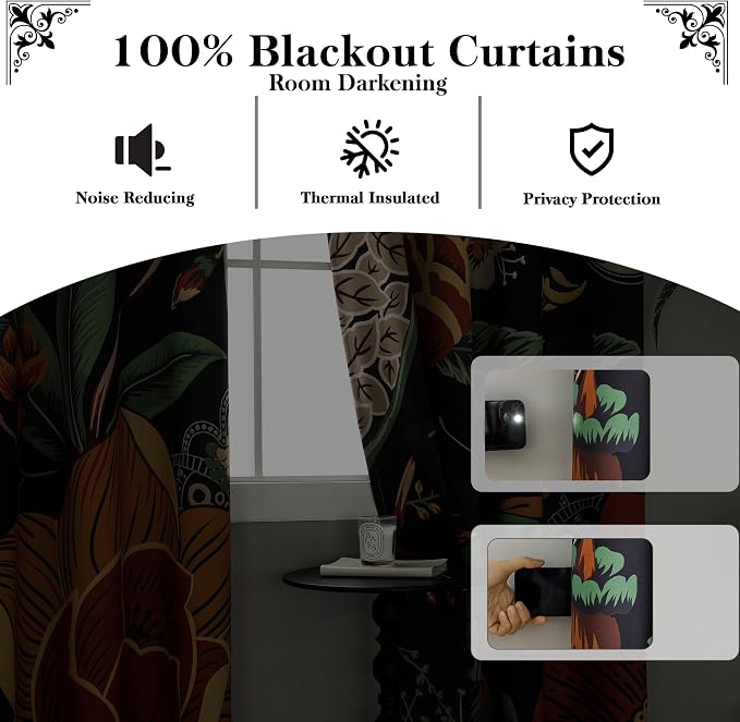 Tyrot Black Boho Floral 100% Blackout Curtains - Image 3
