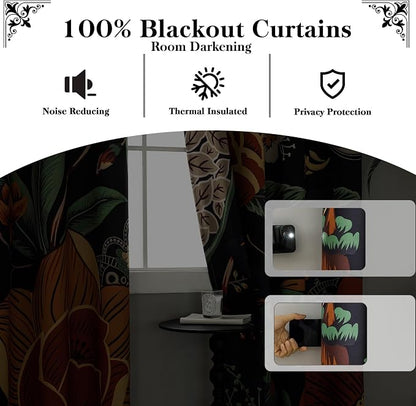 Tyrot Black Boho Floral 100% Blackout Curtains - Image 3