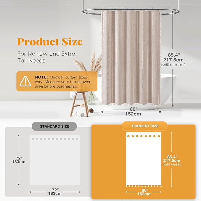 60 x 84 Boho Linen Heavy Duty Cloth Shower Curtain Set, Tan/Taupe | Narrow Long - Image 3