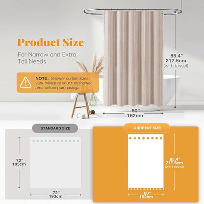 60 x 84 Boho Linen Heavy Duty Cloth Shower Curtain Set, Tan/Taupe | Narrow Long - Image 3