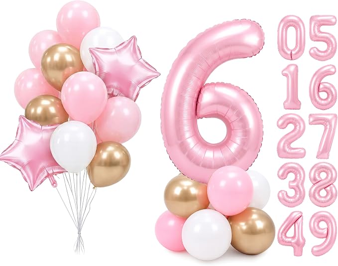 PartyWoo Number Balloons 40 Inch Pink Number 6 Kit 25pcs by PartyWoo