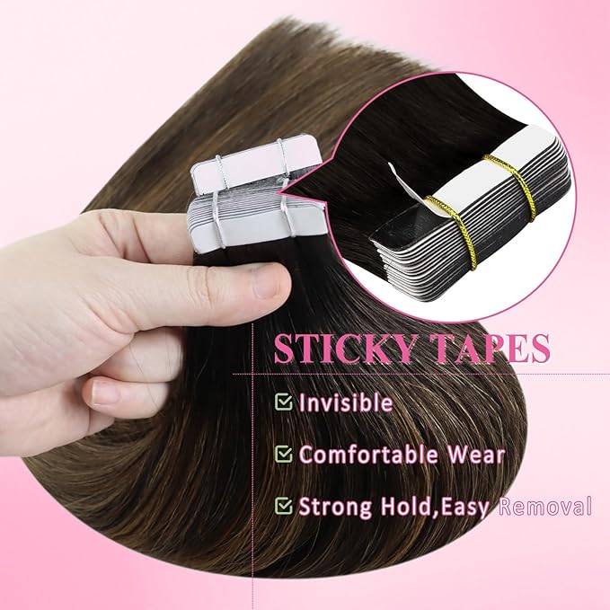 YoungSee Tape in Extensions Human Hair Balayage Tape in Hair Extensions Dark Brown Tape in Hair Extensions Ombre Brown Human Hair Tape-in Extension Short Hair 12In Tape-ins Hair Extension 20pcs 30g