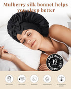 AWAYTR Silk Bonnet for Sleeping Women 100% Mulberry Silk Hair Bonnet with Band 2 Layer Reversible Sleeping Hair Wrap (Black, 7 3/8)