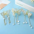 3PCS Butterfly Hair Claw Clip With Pearl and Rhinestone Tassel, Metal Small Hair Clips, Cute Hair Styling Accessories for Women and Girls, Gold
