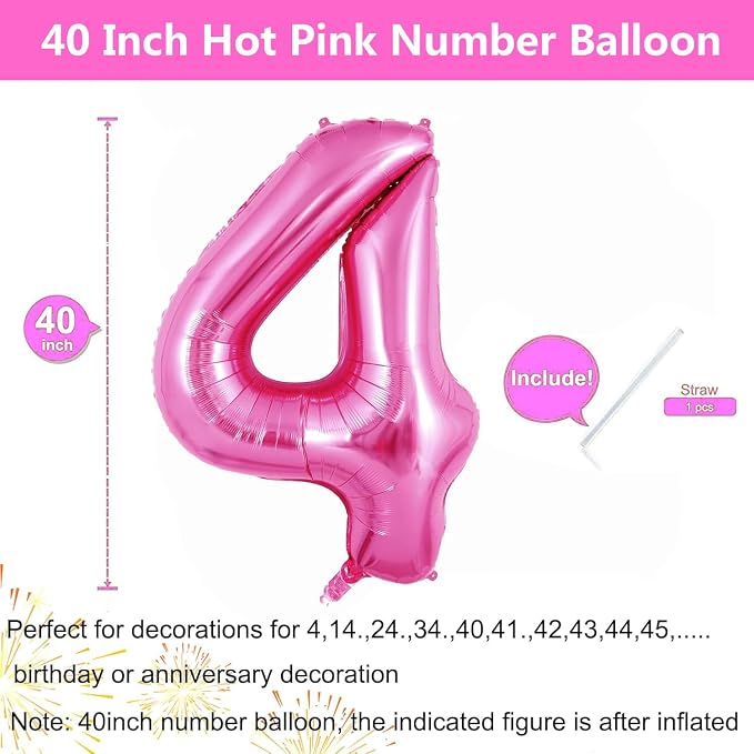 Pink Number Balloons, Large Hot pink Number 4 Balloon 40 Inch Pink 4 Balloon - Image 2
