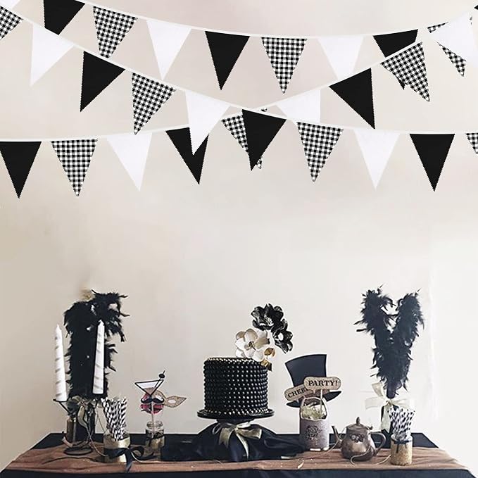 32Ft Black Party Decorations Black Buffalo Plaid Checkered White Triangle Flag - Image 6