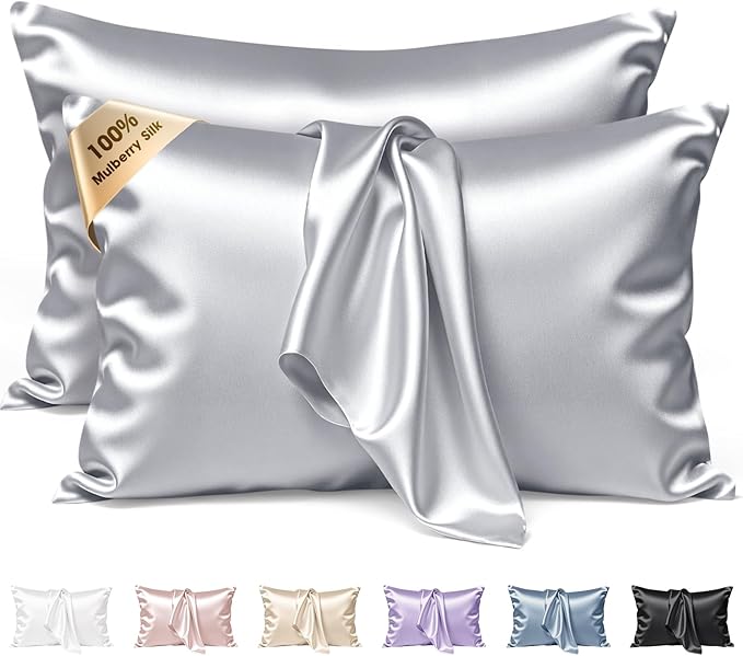 Silk Pillow Cases 2 Pack Standard Size Mulberry Silk Pillowcase Set of 2 for Hair & Skin 26 x 20 Inches 22 Momme Both Sided Grade 6A Silk Soft Breathable Cooling with Hidden Zipper, Grey
