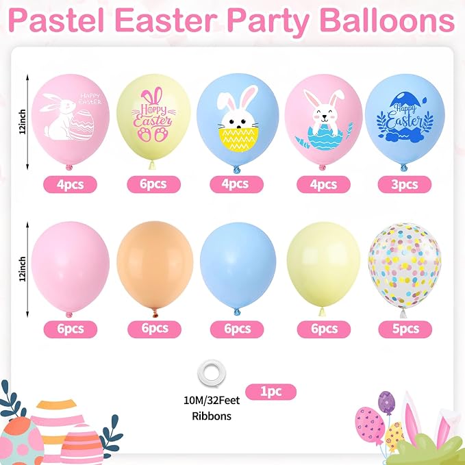 Easter Printed Balloons, 12 Inch Cute Bunny Rabbit Eggs Pastel Confetti - Image 2