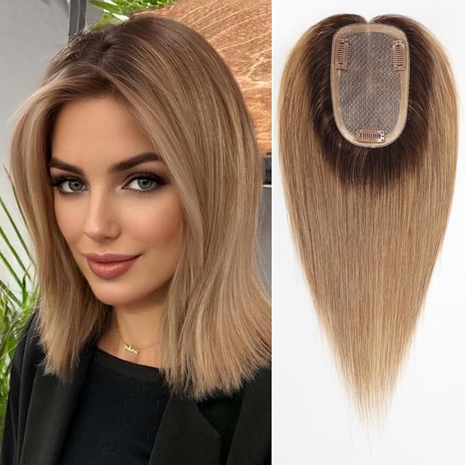 HAIRCUBE Hair Toppers 100% Real HumanHair,Ombre Ash Blonde,5.5"*4" MONO Large Base, 46g Hand-moven Real Human Hair Toppers for Women with ThinningHair