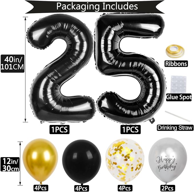 25th Birthday Decorations for Men, 40 inch 25 Balloon Numbers - Image 2