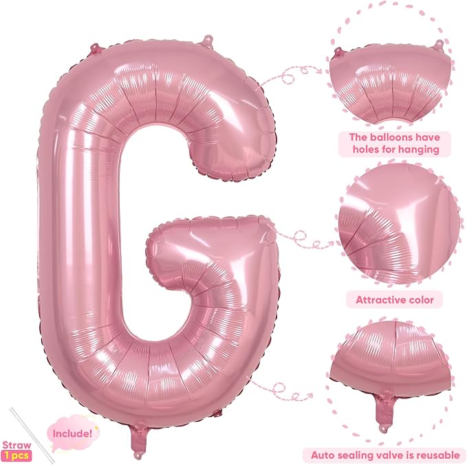 Pink Letter Balloon G, 40 Inch Big Pastel Pink Foil Helium Alphabet G Letter - Image 3