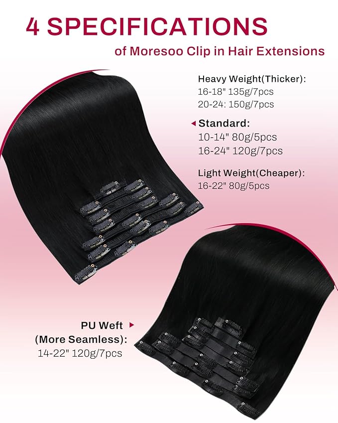 Moresoo Jet Black Real Human Hair Extensions Clip ins 26inch Double Weft Human Hair Clip in Extensions to Add length Jet Black Hair Extensions Clip ins Straight for Party 26inch 160g 7pcs