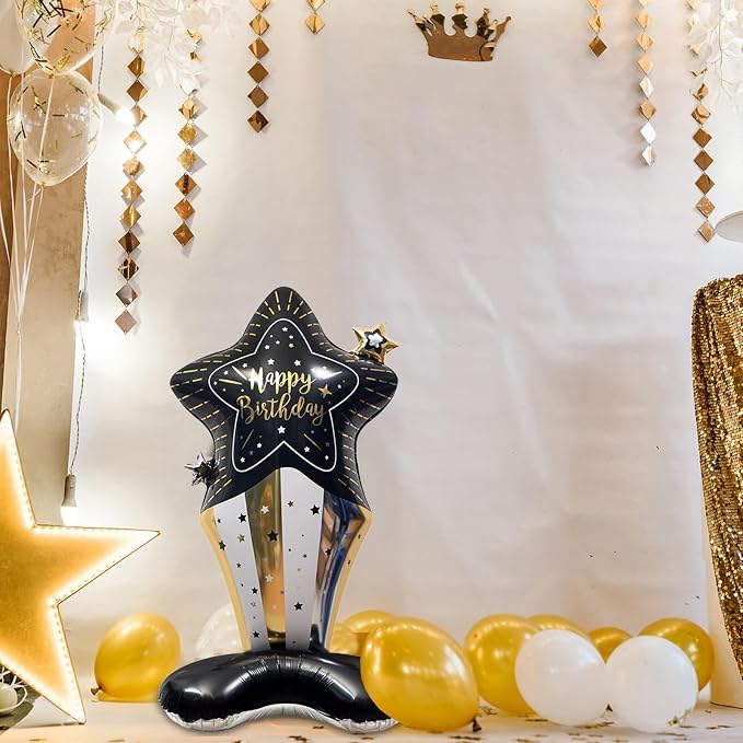59" Black & Gold Standing Star Happy Birthday Foil Balloon | giant black gold - Image 4