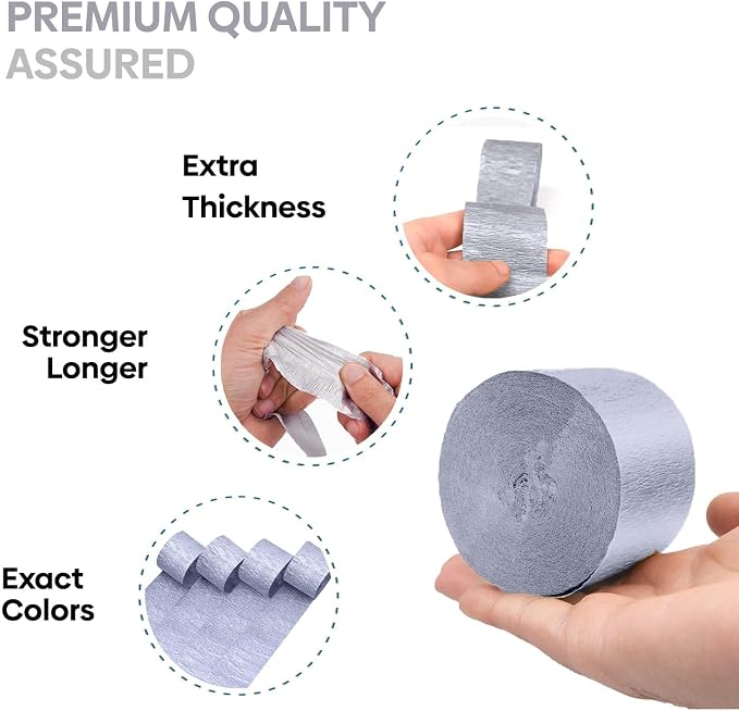 4 Silver Crepe Paper Streamers, 328ft Pack of Party Decorations | Each roll is - Image 3