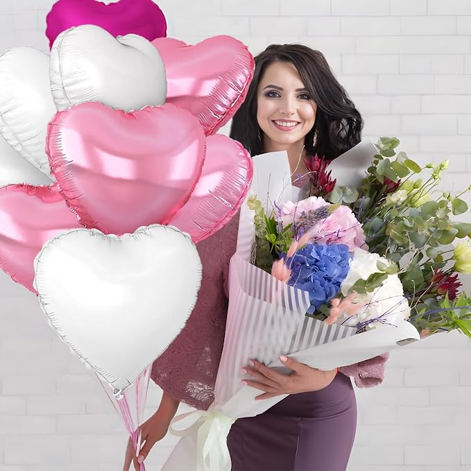 Rose Heart Balloons, 18inch Bright Pink Heart Shaped Foil Balloons & White - Image 3