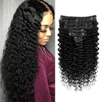 Deep Wave Clip in Hair Extensions Real Human Hair Brazilian Virgin Human Hair Clip in Extensions for Black Women 8Pcs Remy Hair with 18Clips 120g (24inch, Natural Black)