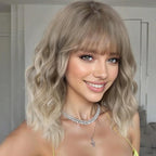AISI HAIR Ombre Honey Glod Synthetic Wavy Curly Bob Wig with Bangs Short Wavy Hair for Women Synthetic Heat Resistant Bob Wigs