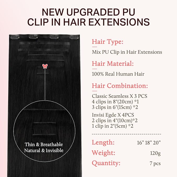 DOORES Clip in Hair Extensions Set 18 Inch 120g, 4pcs Invisi Edge Clip ins and 3pcs Classic Seamless Clip ins, Injected Virgin Real Human Hair Extensions Natural Invisible Straight, #1