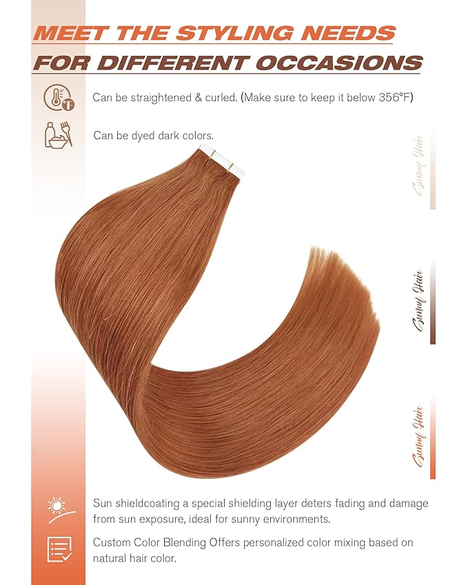 Sunny Hair Copper Tape in Hair Extensions Human Hair Glue in Hair Extensions Straight Tape ins Hair Extensions Copper for Women 50g 20pcs 14inch