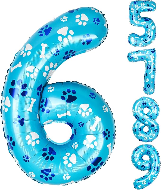 40 Inch Blue Dog Paw Birthday Balloons, Number 6 Balloons by AXBMM