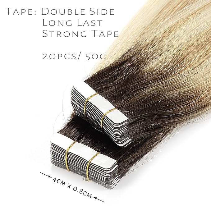LacerHair Tape in Natural Hair Extensions Human Hair 14 Inch Tape in Human Hair Extensions Color Caramel blonde Mixed Bleach blonde with Darkest Brown Roots 50 Gram Remy Human Hair Tape Ins R#2-27/613