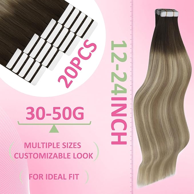 YoungSee Balayage Tape in Hair Extensions Human Hair Ombre Tape in Extension Balayage Brown with Blonde Tapes ins Human Hair Extension Invisible Tapes Human Hair Extension 12In 30g 20pcs