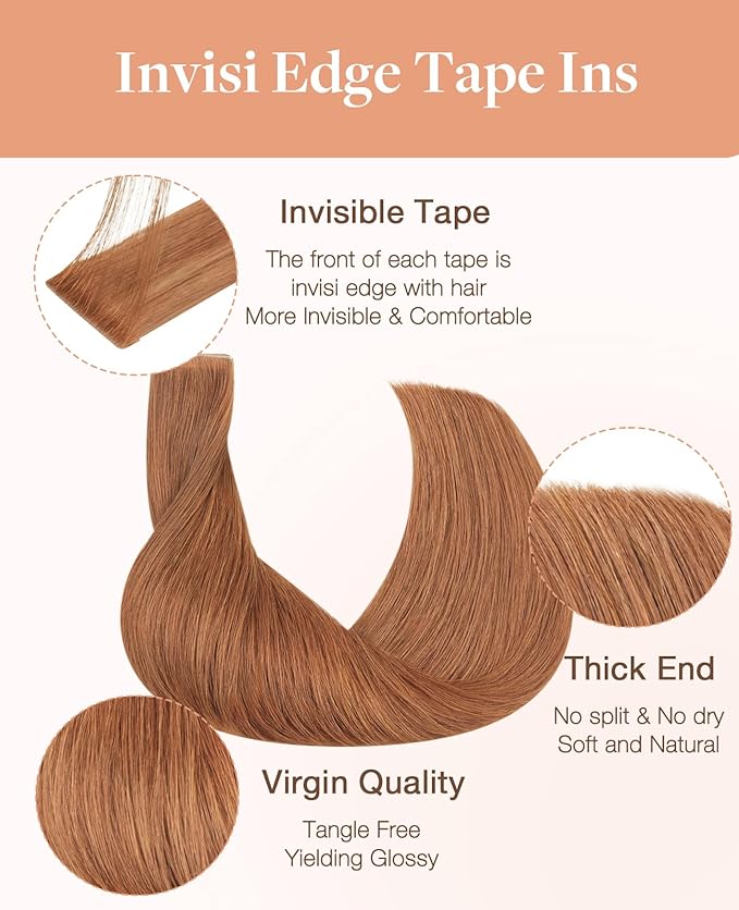 GOO GOO Invisi Edge Tape in Hair Extensions Human Hair, 330 Cinnamon Terra Copper 10pcs injected with 10pcs classical tape ins, 14inch 50g, Virgin Remy Hair, Natural Look
