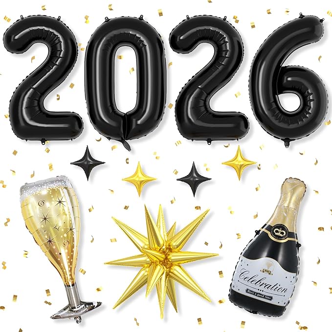 Black 2026 Balloons, 40 Inch Number 2026 Black Foil Balloons, Champagne Bottle by Dagelar