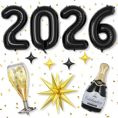 Black 2026 Balloons, 40 Inch Number 2026 Black Foil Balloons, Champagne Bottle by Dagelar
