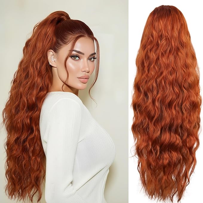 LEEONS 26 inch Drawstring ponytail Extension, Long Wavy pony tails hair extensions for Women - Synthetic Hairpiece Ponytail for Daily Use (Copper Brown)