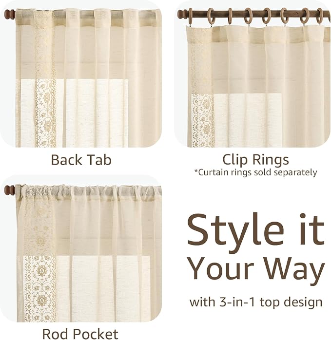 jinchan Floral Sheer Linen Curtains, Back Tab 50x63 Inch, 2 Panels Ivory | Semi - Image 6
