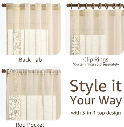 jinchan Floral Sheer Linen Curtains, Back Tab 50x63 Inch, 2 Panels Ivory | Semi - Image 6