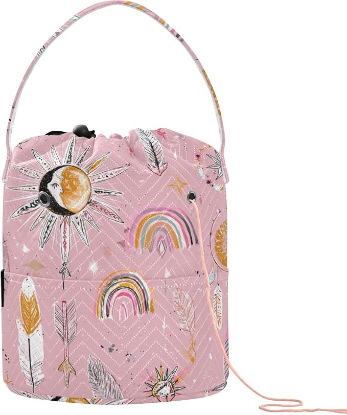Pink Boho Rainbows Suns Feathers Arrows Yarn Bag Small Crochet Bag Drawstring by Tatenale