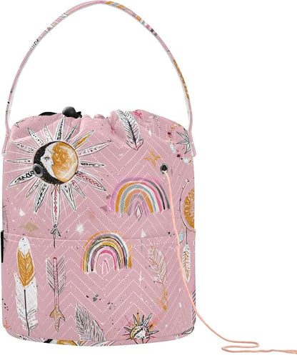 Pink Boho Rainbows Suns Feathers Arrows Yarn Bag Small Crochet Bag Drawstring by Tatenale