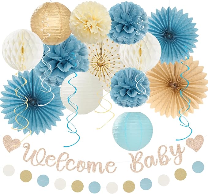 Light-Dusty Blue Boho Baby Shower Party-Decorations by Huglony