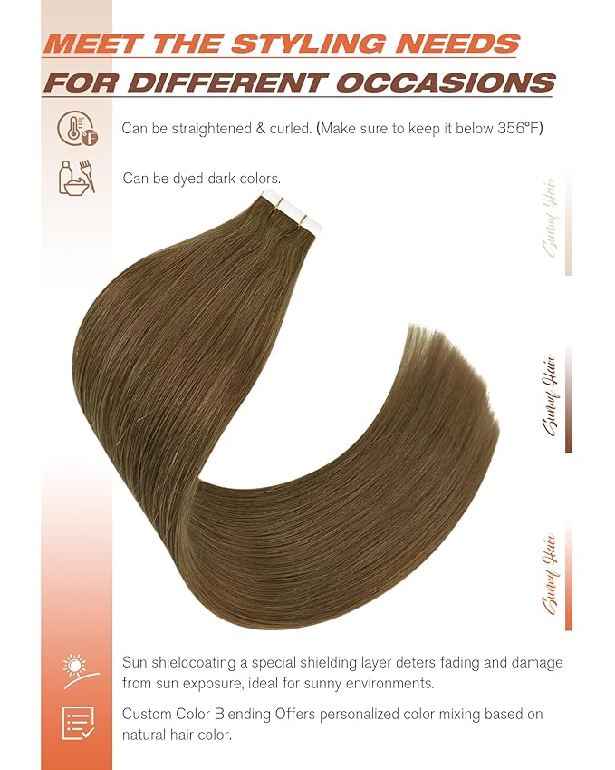 Sunny Hair Tape in Hair Extensions Real Human Hair Invisible Remy Hair Extensions Tape ins for Women Light Brown 12 inch 20Pcs