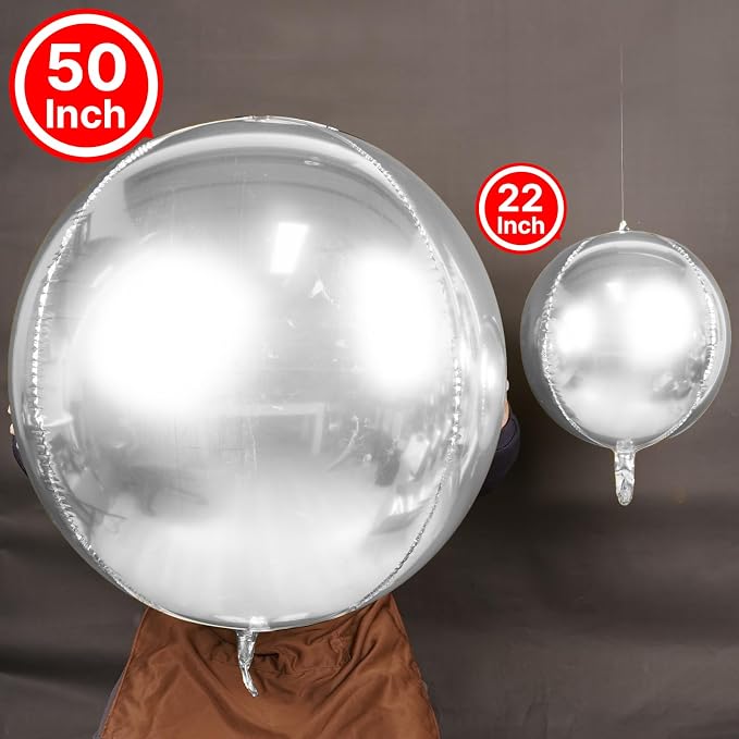 PartyWoo Metallic Silver Large Round Giant Foil 4D Balloons 3pcs 50 Inch | 50 - Image 2